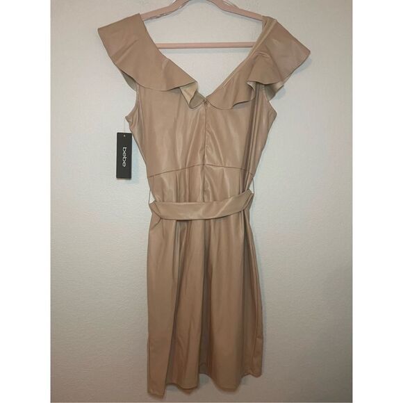 Bebe VEGAN LEATHER RUFFLE WRAP DRESS New - Picture 7 of 8